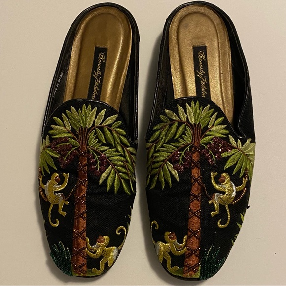 Beverly Feldman Embroidered Beaded Flat Shoes Monkey Black Gold Mules Slip On - Picture 1 of 7